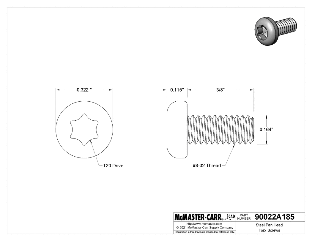 Technical Drawing of Zinc-Plated Steel Pan Head Torx Screws, 8-32 Thread Size, 3/8" Long.